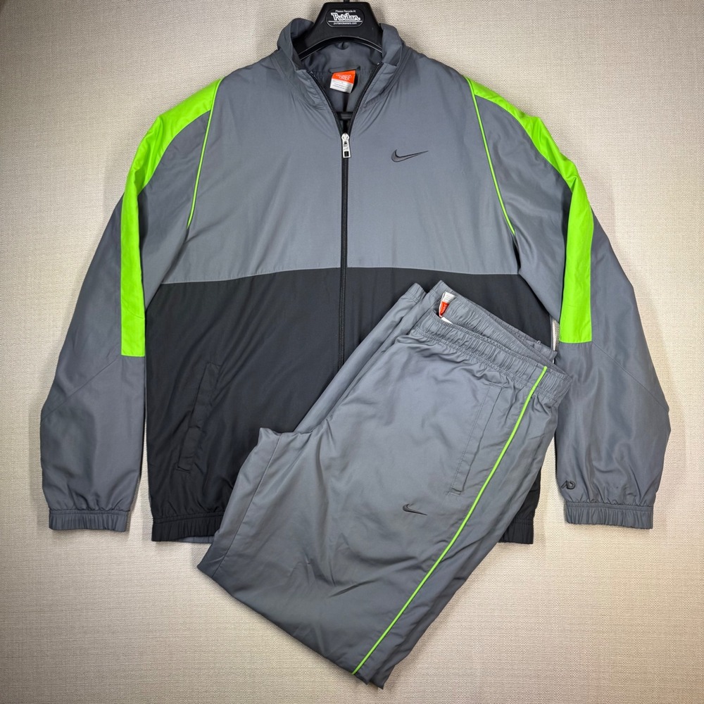 Nike Mens Track Suit Windbreaker Jacket and Pants Gray Neon Green Y2K Size Large